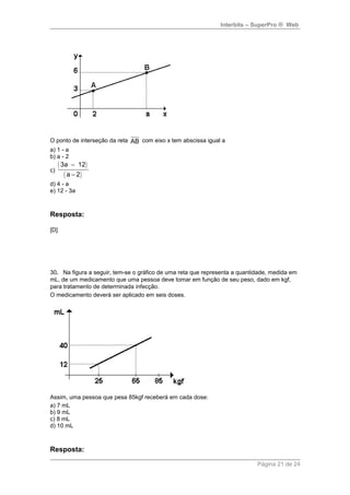 Interbits – SuperPro ® Web 
O ponto de interseção da reta AB com eixo x tem abscissa igual a 
a) 1 - a 
b) a - 2 
c) 
( 3a - 
12 
) 
( a - 
2 
) 
d) 4 - a 
e) 12 - 3a 
Resposta: 
[D] 
30. Na figura a seguir, tem-se o gráfico de uma reta que representa a quantidade, medida em 
mL, de um medicamento que uma pessoa deve tomar em função de seu peso, dado em kgf, 
para tratamento de determinada infecção. 
O medicamento deverá ser aplicado em seis doses. 
Assim, uma pessoa que pesa 85kgf receberá em cada dose: 
a) 7 mL 
b) 9 mL 
c) 8 mL 
d) 10 mL 
Resposta: 
Página 21 de 24 
 