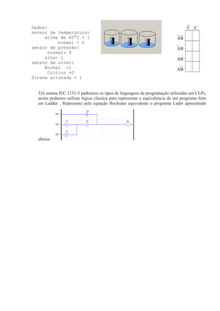 Dados:
sensor de temperatura:
acima de 60°C = 1
normal = 0
sensor de pressão:
normal= 0
alta= 1
sensor de nível:
Normal =1
Crítico =0
Sirene acionada = 1
_
C C
_ _
AB
_
AB
AB
_
AB
5)A norma IEC 1131-3 padroniza os tipos de linguagens de programação utilizadas em CLPs,
assim podemos utilizar lógica clássica para representar a equivalencia de um programa feito
em Ladder , Represente pela equação Booleana equivalente o programa Lader apresentado
abaixo
 
