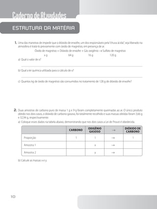 CadernodeAtividades
10
1.	Uma das maneiras de impedir que o dióxido de enxofre, um dos responsáveis pela“chuva ácida”, seja liberado na
atmosfera é tratá-lo previamente com óxido de magnésio, em presença de ar.
Óxido de magnésio + Dióxido de enxofre + Gás oxigênio → Sulfato de magnésio
	 x g 64 g 16 g 120 g
a)	Qual o valor de x?
b)	Qual a lei química utilizada para o cálculo de x?
c)	Quantos kg de óxido de magnésio são consumidos no tratamento de 128 g de dióxido de enxofre?
2.	Duas amostras de carbono puro de massa 1 g e 9 g foram completamente queimadas ao ar. O único produto
obtido nos dois casos, o dióxido de carbono gasoso, foi totalmente recolhido e suas massas obtidas foram 3,66 g
e 32,94 g, respectivamente:
a)	Coloque esses dados na tabela abaixo, demonstrando que nos dois casos a Lei de Proust é obedecida.
CARBONO
OXIGÊNIO
GASOSO →
DIÓXIDO DE
CARBONO
Proporção 1 1 → 1
Amostra 1 x →
Amostra 2 y →
b)	Calcule as massas x e y.
Estrutura da matéria
 