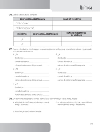 Química
17
26.	Dada as tabelas abaixo, complete:
CONFIGURAÇÃO ELETRÔNICA NOME DO ELEMENTO
1s2
2s2
2p6
3s2
3p6
4s2
1s2
2s2
2p6
3s2
3p6
4s2
3d10
4p6
ELEMENTO CONFIGURAÇÃO ELETRÔNICA
NÚMERO DE ELÉTRONS
DE VALÊNCIA
19
K
53
I
27.	Escreva a distribuição eletrônica para os seguintes átomos, verifique qual a camada de valência e quantos elé-
trons existem nessa camada.
a)	10
Ne
	 distribuição:
	 camada de valência:
	 número de elétrons na última camada:
b)	13
Aℓ
	 distribuição:
	 camada de valência:
	 número de elétrons na última camada:
c)	20
Ca
	 distribuição:
	 camada de valência:
	 número de elétrons na última camada:
d)	28
Ni
	 distribuição:
	 camada de valência:
	 número de elétrons na última camada:
e)	35
Br
	 distribuição:
	 camada de valência:
	 número de elétrons na última camada:
28.	Um átomo neutro apresenta número atômico igual a 37. Em relação a esse átomo, mostre:
a)	a distribuição eletrônica em ordem crescente de
energia (subníveis).
b)	a distribuição eletrônica em camadas.
	
c)	os números quânticos principal e secundário do
elétron de maior energia desse átomo.
 