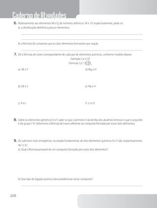 CadernodeAtividades
28
6.	Relativamente aos elementos M e Q, de números atômicos 34 e 19, respectivamente, pede-se:
a)	a distribuição eletrônica para os elementos;
b)	a fórmula do composto que os dois elementos formariam por reação.
7.	Dê a fórmula de Lewis correspondente de cada par de elementos químicos, conforme modelo abaixo:
Exemplo: Ca e Cℓ
Fórmula: Ca2+
[ Cℓ ]–
2
a)	Aℓ e F
b)	Aℓ e S
c)	K e I
d)	Mg e H
e)	Na e H
f)	 Li e O
8.	Sobre os elementos genéricos X eY, sabe-se que o primeiro é da família dos alcalinos-terrosos e que o segundo
é do grupo 7 A. Determine a fórmula de Lewis referente ao composto formado por esses dois elementos.
9.	Os subníveis mais energéticos, no estado fundamental, de dois elementos químicos X eY são, respectivamente,
4p5
e 3s1
.
a)	Qual a fórmula provável de um composto formado por esses dois elementos?
b)	Que tipo de ligação química deve predominar nesse composto?
 
