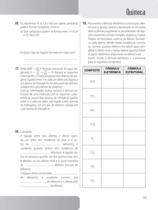 Química
31
16.	Os elementos H, O, Cℓ e Na (ver tabela periódica)
podem formar compostos entre si.
a)	Que compostos podem se formar entre: H e O, H
e Cℓ, Na e Cℓ?
b)	Qual o tipo de ligação formada em cada caso?
17.	(UNICAMP – SP) A fórmula estrutural da água oxi-
genada, H — O — O — H, fornece as seguintes
informações: a molécula possui dois átomos de oxi-
gênio ligados entre si e cada um deles está ligado a
um átomo de hidrogênio; há dois pares de elétrons
isolados em cada átomo de oxigênio.
		 Com as informações acima, escreva a fórmula es-
trutural de uma molécula com as seguintes carac-
terísticas: possui dois átomos de nitrogênio ligados
entre si e cada um deles está ligado a dois átomos
de hidrogênio; há um par de elétrons isolado em
cada átomo de nitrogênio.
18.	Complete:
	 	 A ligação entre dois átomos é iônica quan-
do um deles tem tendência de doar e o ou-
tro de elétron(s); é
covalente quando ambos têm tendência de
elétron(s). A ligação da-
tiva se processa quando um dos átomos está com
8 elétrons no seu último nível e o outro necessita
de elétrons (um par de
elétrons).
	 	 A ligação iônica ocorre pela
de elétron(s); a covalente comum, por
de elétrons e a dativa pelo
de elétrons.
19.	Para montar a fórmula eletrônica e a estrutural, iden-
tifica-se o átomo central e distribuem-se em torno
dele os demais, esgotando as possibilidades de liga-
ções covalentes comuns (simples, duplas ou triplas).
Depois, se necessário, usam-se as dativas. Na práti-
ca, cada átomo admite tantas covalências comuns
ou normais quantos elétrons lhe faltem para com-
pletar o último nível, e tantas dativas quantos forem
os pares eletrônicos disponíveis no último nível.
	 	 Assim, monte a fórmula eletrônica e a estrutural
para os seguintes compostos:
COMPOSTO
FÓRMULA
ELETRÔNICA
FÓRMULA
ESTRUTURAL
HCℓ
CH4
NH3
H2
O
N2
CO2
SO2
SO3
 