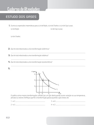 CadernodeAtividades
62
1.	Escreva as expressões matemáticas para a Lei de Boyle, a Lei de Charles e a Lei de Gay-Lussac.
Estudo dos gases
Lei de Boyle:
Lei de Charles:
Lei de Gay-Lussac:
2.	Que lei está relacionada a uma transformação isotérmica?
3.	Que lei está relacionada a uma transformação isobárica?
4.	Que lei está relacionada a uma transformação isovolumétrica?
5.	
P (atm)
P1
1
4
2
P2
P3
V1
V2
V3
T2
T1
V (L)
		 O gráfico acima mostra transformações sofridas por um gás ideal quando ocorre variação na sua temperatura,
pressão ou volume. Verifique qual foi a transformação gasosa quando o gás evoluiu de:
		 1 → 2
		 2 → 3
		 3 → 4
		 4 → 2
 