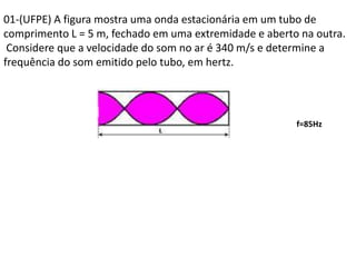01-(UFPE) A figura mostra uma onda estacionária em um tubo de
comprimento L = 5 m, fechado em uma extremidade e aberto na outra.
Considere que a velocidade do som no ar é 340 m/s e determine a
frequência do som emitido pelo tubo, em hertz.

f=85Hz

 