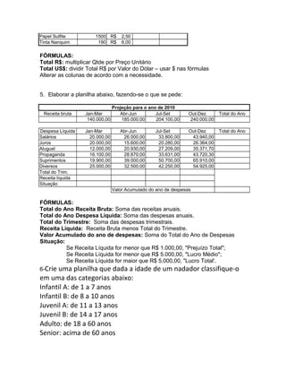 Papel Sulfite 1500 R$ 2,50
Tinta Nanquim 190 R$ 6,00
FÓRMULAS:
Total R$: multiplicar Qtde por Preço Unitário
Total US$: dividir Total R$ por Valor do Dólar – usar $ nas fórmulas
Alterar as colunas de acordo com a necessidade.
5. Elaborar a planilha abaixo, fazendo-se o que se pede:
Projeção para o ano de 2010
Receita bruta Jan-Mar Abr-Jun Jul-Set Out-Dez Total do Ano
140.000,00 185.000,00 204.100,00 240.000,00
Despesa Líquida Jan-Mar Abr-Jun Jul-Set Out-Dez Total do Ano
Salários 20.000,00 26.000,00 33.800,00 43.940,00
Juros 20.000,00 15.600,00 20.280,00 26.364,00
Aluguel 12.000,00 20.930,00 27.209,00 35.371,70
Propaganda 16.100,00 28.870,00 33.631,00 43.720,30
Suprimentos 19.900,00 39.000,00 50.700,00 65.910,00
Diversos 25.000,00 32.500,00 42.250,00 54.925,00
Total do Trim.
Receita líquida
Situação
Valor Acumulado do ano de despesas
FÓRMULAS:
Total do Ano Receita Bruta: Soma das receitas anuais.
Total do Ano Despesa Líquida: Soma das despesas anuais.
Total do Trimestre: Soma das despesas trimestrais.
Receita Líquida: Receita Bruta menos Total do Trimestre.
Valor Acumulado do ano de despesas: Soma do Total do Ano de Despesas
Situação:
Se Receita Líquida for menor que R$ 1.000,00, "Prejuízo Total";
Se Receita Líquida for menor que R$ 5.000,00, "Lucro Médio";
Se Receita Líquida for maior que R$ 5.000,00, "Lucro Total'.
6-Crie uma planilha que dada a idade de um nadador classifique-o
em uma das categorias abaixo:
Infantil A: de 1 a 7 anos
Infantil B: de 8 a 10 anos
Juvenil A: de 11 a 13 anos
Juvenil B: de 14 a 17 anos
Adulto: de 18 a 60 anos
Senior: acima de 60 anos
 