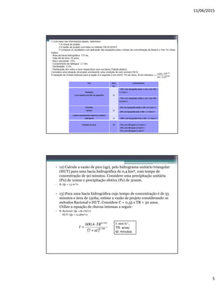11/06/2015
5
• 12) Calcule a vazão de pico (qp), pelo hidrograma unitário triangular
(HUT) para uma bacia hidrográfica de 0,4 km², com tempo de
concentração de 90 minutos. Considere uma precipitação unitária
(Pu) de 10mm e precipitação efetiva (Pe) de 30mm.
• R: Qp = 1,5 m³/s
• 13) Para uma bacia hidrográfica cujo tempo de concentração é de 55
minutos e área de 150ha, estime a vazão de projeto considerando os
métodos Racional e HUT. Considere C = 0,35 e TR = 50 anos.
Utilize a equação de chuvas intensas a seguir:
• R: Racional: Qp =18,17m³/s
HUT: Qp = 12,38m³/s
( ) 708,0
345,0
7
4,600
td
TR
I
+
⋅
=
I: mm h-1,
TR: anos;
td: minutos.
 