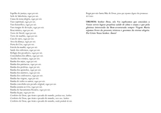 Espelho de justiça, rogai por nós.                                      Rogai por nós Santa Mãe de Deus, para que sejamos dignos das promessas
Sede de Sabedoria, rogai por nós.                                       de Cristo.
Causa da nossa alegria, rogai por nós.
Vaso espiritual, rogai por nós.                                         OREMOS: Senhor Deus, nós Vos suplicamos que concedais a
Vaso honorífico, rogai por nós.                                         Vossos servos lograr perpétua saúde de alma e corpo; e que pela
Vaso insigne de devoção, rogai por nós.                                 gloriosa intercessão da Bem-aventurada sempre Virgem Maria
Rosa mística, rogai por nós.                                            sejamos livres da presente tristeza e gozemos da eterna alegria.
Torre de David, rogai por nós.                                          Por Cristo Nosso Senhor. Ámen!
Torre de marfim, rogai por nós.
Casa de ouro, rogai por nós.
Arca da aliança, rogai por nós.
Porta do Céu, rogai por nós.
Estrela da manhã, rogai por nós.
Saúde dos enfermos, rogai por nós.
Refúgio dos pecadores, rogai por nós.
Consoladora dos aflitos, rogai por nós.
Auxílio dos cristãos, rogai por nós.
Rainha dos anjos, rogai por nós.
Rainha dos patriarcas, rogai por nós.
Rainha dos profetas, rogai por nós.
Rainha dos apóstolos, rogai por nós.
Rainha dos mártires, rogai por nós.
Rainha dos confessores, rogai por nós.
Rainha das virgens, rogai por nós.
Rainha de todos os santos, rogai por nós.
Rainha concebida sem pecado original, rogai por nós.
Rainha assunta ao Céu, rogai por nós.
Rainha do Sacratíssimo Rosário, rogai por nós.
Rainha da paz, rogai por nós.
Cordeiro de Deus, que tirais o pecado do mundo, perdoai-nos, Senhor.
Cordeiro de Deus, que tirais o pecado do mundo, ouvi-nos, Senhor.
Cordeiro de Deus, que tirais o pecado do mundo, tende piedade de nós.
 