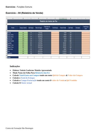 Exercicios - Funções Comuns
Centro de Formação São Domingos
Indicações
• Elabore Tabela Conforme Modelo Apresentado
• Mude Nome da Folha Para Relatorio Jan-Fev
• Calcule Total Gasto em Compra tendo em conta Qtd de Compra & Valor da Compra
• Calcule o Total do Estoque
• Calcule o Campo Facturação tendo em conta O valor da Venda e Qtd Vendida
• Calcule O Stock Actual
Exercicio – 04 (Relatório de Venda)
 