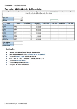 Exercicios - Funções Comuns
Centro de Formação São Domingos
Indicações
• Elabore Tabela Conforme Modelo Apresentado
• Mude Nome da Folha Para Distribuição de Mercadoria
• Calcule o Valor a Pagar pela Mercadoria
• Acha Valor do Frete Tendo em Conta a Taxa de 17%
• Calcule Facturação Total
• Calcule o Pagamento em Dolar
• Configure As moedas do Dolar
Exercicio – 05 ( Distibuição de Mercadoria)
 