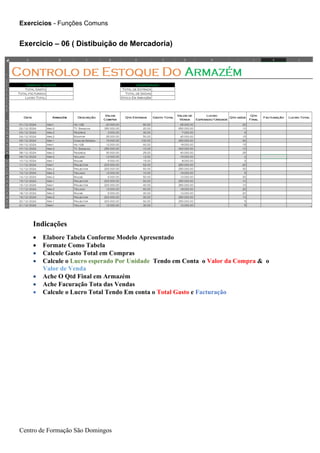Exercicios - Funções Comuns
Centro de Formação São Domingos
Indicações
• Elabore Tabela Conforme Modelo Apresentado
• Formate Como Tabela
• Calcule Gasto Total em Compras
• Calcule o Lucro esperado Por Unidade Tendo em Conta o Valor da Compra & o
Valor de Venda
• Ache O Qtd Final em Armazém
• Ache Facuração Tota das Vendas
• Calcule o Lucro Total Tendo Em conta o Total Gasto e Facturação
• Na Coluna Lucro | Se o Valor do Lucro for Menor ou igual à 5 Mil De prencher
Celula com Vermelho, se For Maior Com Azul
Exercicio – 06 ( Distibuição de Mercadoria)
 