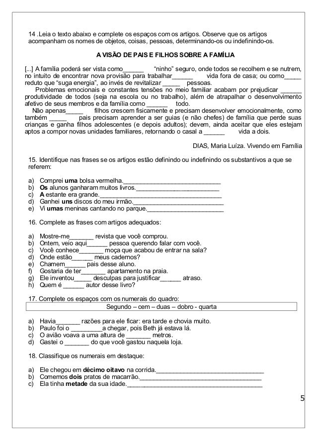 Atividades com artigos definidos e indefinidos