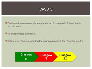 Paciente durante o atendimento abriu os olhos quando foi solicitado
verbalmente
Não sabe o que aconteceu
Retira o membro do examinador quando o mesmo faz manobra de dor
CASO 3
 