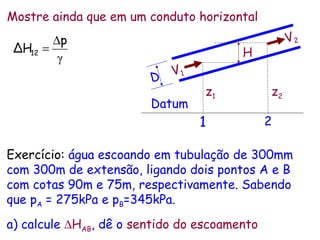 D
V1
V2
1 2
z1 z2
Datum
H
Mostre ainda que em um conduto horizontal
γ
p
ΔH12
∆
=
Exercício: água escoando em tubulação de 300mm
com 300m de extensão, ligando dois pontos A e B
com cotas 90m e 75m, respectivamente. Sabendo
que pA = 275kPa e pB=345kPa.
a) calcule ∆HAB, dê o sentido do escoamento
 