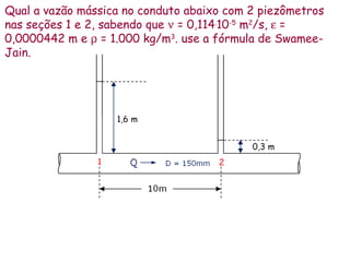 Qual a vazão mássica no conduto abaixo com 2 piezômetros
nas seções 1 e 2, sabendo que ν = 0,114.
10-5
m2
/s, ε =
0,0000442 m e ρ = 1.000 kg/m3
. use a fórmula de Swamee-
Jain.
 
