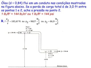Óleo (d = 0,84) flui em um conduto nas condições mostradas
na figura abaixo. Se a perda de carga total é de 3,0 ft entre
os pontos 1 e 2, ache a pressão no ponto 2.
1 lbf/ft2
= 144 lbf/in2
ou 1 lbf/ft2
= 144 psi
R.:
2in
f
lb
66,92pou
2ft
f
lb
96272pouft183,67
γ
2
p
===
 