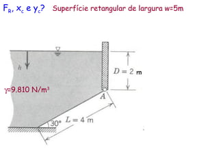 FR, xc e yc? Superfície retangular de largura w=5m
γ=9.810 N/m3
 