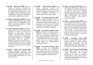 22. (CESPE – Agente DPF 2009) Frustrar a            26. (CESPE – OAB Nacional 2009.1) Se               30. (CESPE – Procurador TCE-ES 2009) Acerca da
    licitude de processo licitatório ou                 houver      fundados     indícios     de           improbidade administrativa, suponha que
    dispensá-lo indevidamente constitui ato             responsabilidade, será cabível o arresto           um conselheiro do TC do estado x seja réu
    de improbidade administrativa e, por                dos bens do agente ou do terceiro que              em ação civil pública por improbidade
                                                                                                           administrativa. Nessa situação, a referida
    conseguinte, impõe a aplicação da lei de            tenha enriquecido ilicitamente ou
                                                                                                           ação civil pública deverá ser processada e
    improbidade e a sujeição do responsável             causado dano ao patrimônio público.
                                                                                                           julgada originariamente pelo respectivo
    unicamente às sanções nela previstas.                                                                  tribunal de justiça, se assim previr a
                                                    27. (CESPE – Juiz Federal Substituto TRF-1             constituição estadual.
23. (CESPE – OAB Nacional 2009.1) É cabível             2009) As ações destinadas a levar a
    a indisponibilidade dos bens do indiciado           efeito as sanções previstas na lei de          31. (CESPE – Procurador TCE-ES 2009) Acerca
    quando o ato de improbidade causar                  improbidade administrativa podem ser               da improbidade administrativa, suponha
    lesão ao patrimônio público ou ensejar              propostas em três anos após o término              que Gustavo, que não é servidor público,
    enriquecimento ilícito.                             do exercício do mandato, de cargo em               seja correu em uma ação civil pública que
                                                        comissão ou de função de confiança.                apure ato de improbidade administrativa.
24. (CESPE – OAB Nacional 2009.2) O MP tomou                                                               Nessa situação, conforme entendimento
    conhecimento de que um servidor, Vicente,       28. (CESPE – Juiz Federal Substituto TRF-1             do STJ, como a lei não prevê prazo de
    ocupante de cargo de ordenador de                   2009) Ao MP não é permitido efetuar                prescrição para aqueles que não ocupam
    despesas de determinado município,                  transação, acordo ou conciliação nas               cargo ou função pública, a ação será
    facilitava a aquisição de bens por preço                                                               considerada imprescritível.
                                                        ações de improbidade administrativa.
    superior ao de mercado. Com referência a
                                                        Essa vedação, legalmente, não se aplica
    essa situação hipotética, e à improbidade
                                                        à Fazenda Pública, tendo em vista que o        32. (CESPE – Procurador TCE-ES 2009)
    administrativa, não está prescrita a
                                                        ajuste feito com o agente público                  Acerca da improbidade administrativa,
    pretensão do MP caso seja ajuizada com o
    exclusivo propósito de ressarcir os prejuízos       infrator poderá ser economicamente                 pessoas jurídicas de direito público,
    causados ao erário quinze anos após a saída         vantajoso ao erário.                               mesmo que interessadas, não têm
    do referido servidor do cargo de ordenador                                                             legitimidade ativa para propor ação civil
    de despesas.                                    29. (CESPE – Juiz Federal Substituto TRF-1             pública de improbidade administrativa.
                                                        2009) A ação de improbidade
25. (CESPE – Técnico Contab. TRE-MG 2008)               administrativa terá o rito ordinário e         33. (CESPE – Técnico Contab. TRE-MG 2008)
    Perceber vantagem econômica para                    será proposta pelo MP ou pela pessoa               Liberar verba pública sem que haja
    intermediar liberação ou aplicação de verba         jurídica interessada, dentro de sessenta           estrita   observância     das   normas
    pública de qualquer natureza constitui ato          dias da efetivação da medida cautelar.             pertinentes ou influir na aplicação
    de improbidade administrativa que causa                                                                irregular dessa verba constitui ato de
    prejuízo ao erário.                                                                                    improbidade administrativa que importa
                                                                                                           em enriquecimento ilícito.
                                                           Seleção e elaboração: Prof. Sidney Amorim
 