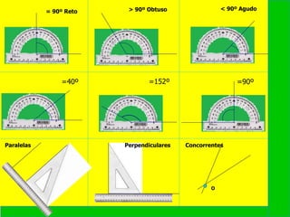 = 90º Reto > 90º Obtuso < 90º Agudo
=40º =152º =90º
O
Paralelas Perpendiculares Concorrentes
 