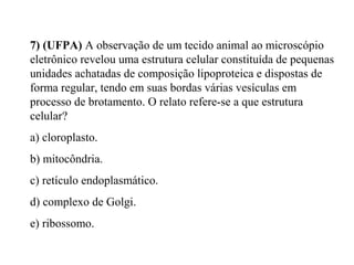 7) (UFPA) A observação de um tecido animal ao microscópio 
eletrônico revelou uma estrutura celular constituída de pequenas 
unidades achatadas de composição lipoproteica e dispostas de 
forma regular, tendo em suas bordas várias vesículas em 
processo de brotamento. O relato refere-se a que estrutura 
celular? 
a) cloroplasto. 
b) mitocôndria. 
c) retículo endoplasmático. 
d) complexo de Golgi. 
e) ribossomo. 
 