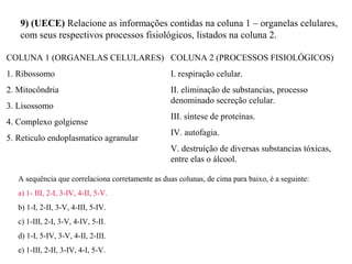 9) (UECE) Relacione as informações contidas na coluna 1 – organelas celulares, 
com seus respectivos processos fisiológicos, listados na coluna 2. 
COLUNA 1 (ORGANELAS CELULARES) 
1. Ribossomo 
2. Mitocôndria 
3. Lisossomo 
4. Complexo golgiense 
5. Reticulo endoplasmatico agranular 
COLUNA 2 (PROCESSOS FISIOLÓGICOS) 
I. respiração celular. 
II. eliminação de substancias, processo 
denominado secreção celular. 
III. síntese de proteínas. 
IV. autofagia. 
V. destruição de diversas substancias tóxicas, 
entre elas o álcool. 
A sequência que correlaciona corretamente as duas colunas, de cima para baixo, é a seguinte: 
a) 1- III, 2-I, 3-IV, 4-II, 5-V. 
b) 1-I, 2-II, 3-V, 4-III, 5-IV. 
c) 1-III, 2-I, 3-V, 4-IV, 5-II. 
d) 1-I, 5-IV, 3-V, 4-II, 2-III. 
e) 1-III, 2-II, 3-IV, 4-I, 5-V. 
 