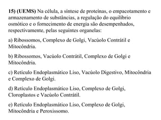 15) (UEMS) Na célula, a síntese de proteínas, o empacotamento e 
armazenamento de substâncias, a regulação do equilíbrio 
osmótico e o fornecimento de energia são desempenhados, 
respectivamente, pelas seguintes organelas: 
a) Ribossomos, Complexo de Golgi, Vacúolo Contrátil e 
Mitocôndria. 
b) Ribossomos, Vacúolo Contrátil, Complexo de Golgi e 
Mitocôndria. 
c) Retículo Endoplasmático Liso, Vacúolo Digestivo, Mitocôndria 
e Complexo de Golgi. 
d) Retículo Endoplasmático Liso, Complexo de Golgi, 
Cloroplastos e Vacúolo Contrátil. 
e) Retículo Endoplasmático Liso, Complexo de Golgi, 
Mitocôndria e Peroxissomo. 
 
