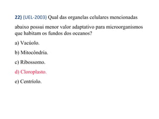 22) (UEL-2003) Qual das organelas celulares mencionadas 
abaixo possui menor valor adaptativo para microorganismos 
que habitam os fundos dos oceanos? 
a) Vacúolo. 
b) Mitocôndria. 
c) Ribossomo. 
d) Cloroplasto. 
e) Centríolo. 
 