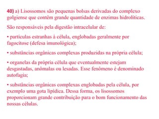 40) a) Lisossomos são pequenas bolsas derivadas do complexo 
golgiense que contêm grande quantidade de enzimas hidrolíticas. 
São responsáveis pela digestão intracelular de: 
• partículas estranhas à célula, englobadas geralmente por 
fagocitose (defesa imunológica); 
• substâncias orgânicas complexas produzidas na própria célula; 
• organelas da própria célula que eventualmente estejam 
desgastadas, anômalas ou lesadas. Esse fenômeno é denominado 
autofagia; 
• substâncias orgânicas complexas englobadas pela célula, por 
exemplo uma gota lipídica. Dessa forma, os lisossomos 
proporcionam grande contribuição para o bom funcionamento das 
nossas células. 
 