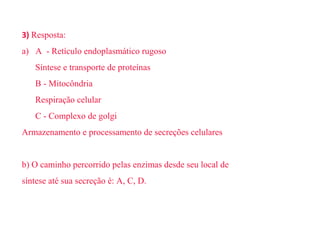 3) Resposta: 
a) A - Retículo endoplasmático rugoso 
Síntese e transporte de proteínas 
B - Mitocôndria 
Respiração celular 
C - Complexo de golgi 
Armazenamento e processamento de secreções celulares 
b) O caminho percorrido pelas enzimas desde seu local de 
síntese até sua secreção é: A, C, D. 
 