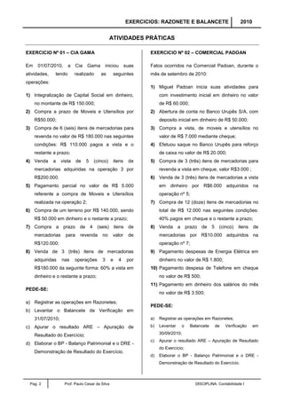 EXERCICIOS: RAZONETE E BALANCETE 2010
Pag. 2 Prof. Paulo Cesar da Silva DISCIPLINA: Contabilidade I
ATIVIDADES PRÁTICAS
EXERCICIO Nº 01 – CIA GAMA
Em 01/07/2010, a Cia Gama iniciou suas
atividades, tendo realizado as seguintes
operações:
1) Integralização de Capital Social em dinheiro,
no montante de R$ 150.000;
2) Compra a prazo de Moveis e Utensílios por
R$50.000;
3) Compra de 6 (seis) itens de mercadorias para
revenda no valor de R$ 180.000 nas seguintes
condições: R$ 110.000 pagos a vista e o
restante a prazo;
4) Venda a vista de 5 (cinco) itens de
mercadorias adquiridas na operação 3 por
R$200.000.
5) Pagamento parcial no valor de R$ 5.000
referente a compra de Moveis e Utensílios
realizada na operação 2;
6) Compra de um terreno por R$ 140.000, sendo
R$ 50.000 em dinheiro e o restante a prazo;
7) Compra a prazo de 4 (seis) itens de
mercadorias para revenda no valor de
R$120.000;
8) Venda de 3 (três) itens de mercadorias
adquiridas nas operações 3 e 4 por
R$180.000 da seguinte forma: 60% a vista em
dinheiro e o restante a prazo;
PEDE-SE:
a) Registrar as operações em Razonetes;
b) Levantar o Balancete de Verificação em
31/07/2010;
c) Apurar o resultado ARE – Apuração de
Resultado do Exercício;
d) Elaborar o BP - Balanço Patrimonial e o DRE -
Demonstração de Resultado do Exercício.
EXERCICIO Nº 02 – COMERCIAL PADOAN
Fatos ocorridos na Comercial Padoan, durante o
mês de setembro de 2010:
1) Miguel Padoan inicia suas atividades para
com investimento inicial em dinheiro no valor
de R$ 60.000;
2) Abertura de conta no Banco Urupês S/A, com
deposito inicial em dinheiro de R$ 50.000;
3) Compra a vista, de moveis e utensílios no
valor de R$ 7.000 mediante cheque;
4) Efetuou saque no Banco Urupês para reforço
de caixa no valor de R$ 20.000;
5) Compra de 3 (três) itens de mercadorias para
revenda a vista em cheque, valor R$3.000 ;
6) Venda de 3 (três) itens de mercadorias a vista
em dinheiro por R$6.000 adquiridos na
operação nº 5;
7) Compra de 12 (doze) itens de mercadorias no
total de R$ 12.000 nas seguintes condições:
40% pagos em cheque e o restante a prazo;
8) Venda a prazo de 5 (cinco) itens de
mercadorias por R$10.000 adquiridos na
operação nº 7;
9) Pagamento despesas de Energia Elétrica em
dinheiro no valor de R$ 1.800;
10) Pagamento despesa de Telefone em cheque
no valor de R$ 500;
11) Pagamento em dinheiro dos salários do mês
no valor de R$ 3.500;
PEDE-SE:
a) Registrar as operações em Razonetes;
b) Levantar o Balancete de Verificação em
30/09/2010;
c) Apurar o resultado ARE – Apuração de Resultado
do Exercício;
d) Elaborar o BP - Balanço Patrimonial e o DRE -
Demonstração de Resultado do Exercício.
 