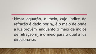 •Nessa equação, o meio, cujo índice de
refração é dado por n1, é o meio de onde
a luz provém, enquanto o meio de índice
de refração n2 é o meio para o qual a luz
direciona-se.
 