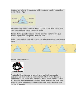 faces de um prisma de vidro que está imerso no ar, atravessando-o
como indica a figura.

Sabendo que o índice de refração do vidro em relação ao ar diminui
com o aumento do comprimento de onda
do raio de luz que atravessa o prisma, assinale a alternativa que
melhor representa a trajetória de outro raio
de luz de comprimento 1,5 λ, que incide sobre esse mesmo prisma de
vidro.

25-(UNICAMP-SP-011)

A radiação Cerenkov ocorre quando uma partícula carregada
atravessa um meio isolante com uma velocidade maior do que a
velocidade da luz nesse meio. O estudo desse efeito rendeu a Pavel
A. Cerenkov e colaboradores o prêmio Nobel de Física de 1958. Um
exemplo desse fenômeno pode ser observado na água usada para
refrigerar reatores

 