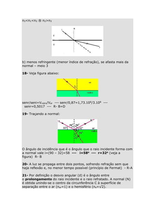 n3<n1<n2 ® n2>n3

b) menos refringente (menor índice de refração), se afasta mais da
normal – meio 3
18- Veja figura abaixo:

senr/seni=Vvidro/Var --- senr/0,87=1,73.108/3.108 --senr=0,5017 --- R- B=D
19- Traçando a normal:

O ângulo de incidência que é o ângulo que o raio incidente forma com
a normal vale i=(90 – 32)=58 --- i=58o --- r=32o (veja a
figura) R- B
20- A luz se propaga entre dois pontos, sofrendo refração sem que
haja reflexão e, no menor tempo possível (princípio de Fermat) - R-A
21- Por definição o desvio angular (d) é o ângulo entre
o prolongamento do raio incidente e o raio refratado. A normal (N)
é obtida unindo-se o centro da circunferência C à superfície de
separação entre o ar (nar=1) e o hemisfério (ne=√2).

 