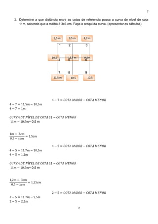 2
2
10,5
m m
11,7 m 9,5m
m
2. Determine a que distância entre as cotas de referencia passa a curva de nível de cota
11m, sabendo que a malha é 3x3 cm. Faça o croqui da curva. (apresentar os cálculos).
= 0,5 m
= 0,5 m
1 2 3
4 5
7 8
6
9
9,5 m 9,5 m 8,9 m
10,5
m
11,5 m 10,5
m
 