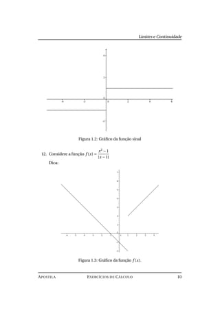 Limites e Continuidade
Figura 1.2: Gráﬁco da função sinal
12. Considere a função f (x) =
x2
−1
|x −1|
Dica:
Figura 1.3: Gráﬁco da função f (x).
APOSTILA EXERCÍCIOS DE CÁLCULO 10
 