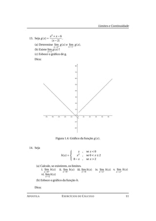 Limites e Continuidade
13. Seja g(x) =
x2
+ x −6
|x −2|
.
(a) Determine lim
x→2+
g(x) e lim
x→1−
g(x).
(b) Existe lim
x→1
g(x) ?
(c) Esboce o gráﬁco de g.
Dica:
Figura 1.4: Gráﬁco da função g(x).
14. Seja
h(x) =



x , se x < 0
x2
, se 0 < x ≤ 2
8− x , se x > 2
(a) Calcule, se existirem, os limites.
i. lim
x→0+
h(x) ii. lim
x→0−
h(x) iii. lim
x→0
h(x) iv. lim
x→2−
h(x) v. lim
x→2+
h(x)
vi. lim
x→2
h(x)
(b) Esboce o gráﬁco da função h.
Dica:
APOSTILA EXERCÍCIOS DE CÁLCULO 11
 
