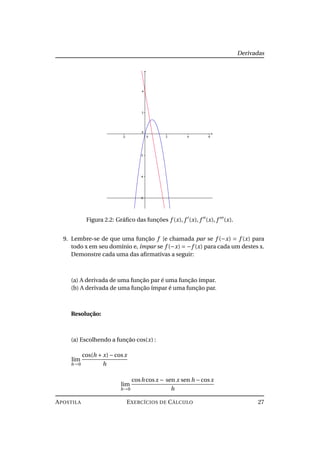 Derivadas
Figura 2.2: Gráﬁco das funções f (x), f (x), f (x), f (x).
9. Lembre-se de que uma função f [e chamada par se f (−x) = f (x) para
todo x em seu domínio e, ímpar se f (−x) = −f (x) para cada um destes x.
Demonstre cada uma das aﬁrmativas a seguir:
(a) A derivada de uma função par é uma função ímpar.
(b) A derivada de uma função ímpar é uma função par.
Resolução:
(a) Escolhendo a função cos(x) :
lim
h→0
cos(h + x)−cosx
h
lim
h→0
cosh cosx − sen x sen h −cosx
h
APOSTILA EXERCÍCIOS DE CÁLCULO 27
 