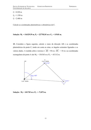 ESCOLA SUPERIOR DE TECNOLOGIA EXERCÍCIOS PROPOSTOS TOPOGRAFIA
UNIVERSIDADE DO ALGARVE
15
fi = 0.220 m
fm = 1.350 m
fs = 2.480 m
Calcule as coordenadas planimétricas e altimétricas de C.
Solução: MC = 116329.59 m, PC = 227702.01 m e CC = 119.01 m.
23. Considere a figura seguinte, calcule o rumo da direcção AB e as coordenadas
planimétricas do ponto C, tendo em conta as cotas, os ângulos azimutais figurados e os
valores dados. A medida sobre o terreno é iAB = 50 m e iBC = 10 m e as coordenadas
rectangulares do ponto A são MA = 130.563 m e PA = -65.312 m.
Solução : MC = 169.703 m e PC = -71.872 m.
 