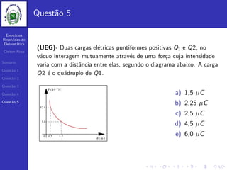 Exercicios
Resolvidos de
Eletrost´atica
Cleiton Rosa
Sum´ario
Quest˜ao 1
Quest˜ao 2
Quest˜ao 3
Quest˜ao 4
Quest˜ao 5
Quest˜ao 5
(UEG)- Duas cargas el´etricas puntiformes positivas Q1 e Q2, no
v´acuo interagem mutuamente atrav´es de uma for¸ca cuja intensidade
varia com a distˆancia entre elas, segundo o diagrama abaixo. A carga
Q2 ´e o qu´adruplo de Q1.
a) 1,5 µC
b) 2,25 µC
c) 2,5 µC
d) 4,5 µC
e) 6,0 µC
 