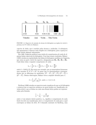 1.3 Radiação eletromagnética de átomos 15 
FIGURE 1.4. Espectro de emissão do átomo de hidrogênio na região do visível e 
próximo do UV (Série de Balmer) 
espectro de linha, que é emitido pelos átomos e moléculas. A substância 
que apresentava o espectro mais simples era o hidrogênio, para o qual já se 
tinha obtido algumas informações. 
Em 1868, Angströn publicou uma tabela de comprimentos de onda de al-gumas 
linhas espectrais do hidrogênio. Com base nesses resultados, Balmer 
(1885) estudou as regularidades das linhas de hidrogênio medidas por Angströn, 
que caem na parte visível do espectro, designadas por Hα, Hβ , Hγ e Hδ . 
Cada linha tinha o seguinte comprimento de onda: 
λα = 
9 
6 
d, λβ = 
16 
12 
d, λγ = 
25 
21 
d, λδ = 
36 
32 
d 
onde d = 3.645, 6 Å. Ele notou por exemplo, que os numeradores formavam 
uma sucessão 32, 42, 52 e 62, ao passo que os denominadores correspon-dentes 
são as diferenças de quadrados: (32 − 22), 
¡ 
42 − 22 
¢ 
, 
¡ 
52 − 22 
¢ 
¡ ¢ 
e 
62 − 22 
. Destas observações, Balmer tirou a seguinte fórmula para λ : 
λ = 
μ 
n2 
n2 − 22 
¶ 
d, onde n = 3, 4, 5 e 6. 
Rydberg (1890) estudou os espectros mais complexos do que os do hidrogênio 
e mostrou que os espectros atômicos em geral podem ser classificados em 
várias séries e que as linhas em cada uma dessas séries podem ser represen-tadas 
pela fórmula: 
1 
λ 
= 
1 
λ∞ − 
R 
(n + b)2 
onde n é um número inteiro positivo, λ∞ significa o comprimento de onda 
limite da série em consideração, isto é, o comprimento de onda para o qual 
convergem as linhas da série; R é chamada constante de Rydberg, uma 
 