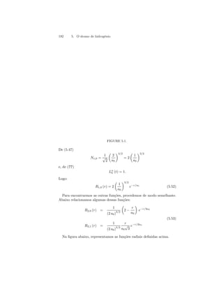 192 5. O átomo de hidrogênio 
FIGURE 5.1. 
De (5.47) 
N1,0 = 
1 
√2 
μ 
2 
a0 
¶3/2 
= 2 
μ 
1 
a0 
¶3/2 
e, de (??) 
Lα0 
(t) = 1. 
Logo: 
R1,0 (r) = 2 
μ 
1 
a0 
¶3/2 
e−r/a0 (5.52) 
Para encontrarmos as outras funções, procedemos de modo semelhante. 
Abaixo relacionamos algumas dessas funções: 
R2,0 (r) = 
1 
(2 a0)3/2 
μ 
2 − 
r 
a0 
¶ 
e−r/2a0 
(5.53) 
R2,1 (r) = 
1 
(2 a0)3/2 
r 
a0√3 
e−r/2a0 
Na figura abaixo, representamos as funções radiais definidas acima. 
 