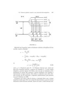 6.2 Sistema quântico sujeito a um potencial eletromagnético 207 
FIGURE 6.1. 
Havendo tais transições, pode-se facilmente calcular as frequÊncia da luz 
emitida, usando a fórmula 
ω = 
Ei − Ef 
~ 
= 
1 
~ 
[(E0,i − miμ0B0) − (E0,f − mf μ0B0)] 
= 
E0,i − E0,f 
~ 
+ (mf − mi) 
μ0B0 
~ 
ou 
ω = ω0 + 
μ 
μ0B0 
~ 
¶ 
Δm (6.38) 
onde ω0 é a frequência para B = 0. Podemos observar que, ainda que 
haja nove transições posíveis, o espectro de transição d → p num campo 
magnético, possuem apenas três linhas, uma vez que as transições corre-spondentes 
ao mesmo Δm possuem a mesma frequência. Isto também é 
representado na figura anterior. Este efeito é conhecido como efeito Zee-man 
normal, que foi observado e explicado (classicamente) pela primeira 
vez por P. Zeeman em 1896. 
Levando-se em conta o spin do elétron, a interação deste com o campo 
magnético resulta num efeito não conhecido classicamente e, por isto mesmo, 
chamado de efeito Zeeman anômalo. Apesar do nome, o efeito Zeeman anô- 
 