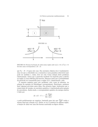 3.4 Outros potenciais unidimensionais 81 
V(x) 
0 x 
V0 
E 1 2 
FIGURE 3.5. 
u(x) > 0 
u(x)  0 
x 
x 
u(x)  0 
u(x)  0 
FIGURE 3.6. Formas da função de onda numa região onde u(x)  0 e u00(x)  0. 
Os dois casos correspondem a K  0. 
que V0 − E  0 para este caso. Em mecânica clássica isto é inadmissível, 
uma vez que a velocidade (ou o momento) é uma grandeza observável (que 
pode ser medida) e, então, deve ser real. Como solução deste problema 
classicamente, temos que a partícula incidente da esquerda para a direita 
na região (1) será refletida pela barreira. Dizemos então que a probabilidade 
da partícula ser transmitida para a região (2) é, classicamente, nula. 
A resposta quântica para este problema, está, como já sabemos, na 
solução da equação de Schrödinger correspondente. Entretanto, podemos 
fazer algumas previsões antes disso. Em primeiro lugar, lembramos que a 
conservação de energia, em mecânica quântica, é representada pela equação 
de autovalores. Assim sendo, o correspondente quântico da energia cinética 
é dado por 
K ≡ E − V = − 
~2 
2m 
d2u(x) 
dx2 
u(x) 
e pode perfeitamente ser negativo, bastando para isto que d2u(x) 
dx2 tenha o 
mesmo sinal que a função u(x). Então, se u(x) é positiva em alguma região, 
a função de onda tem uma das formas mostradas na figura abaixo. 
 