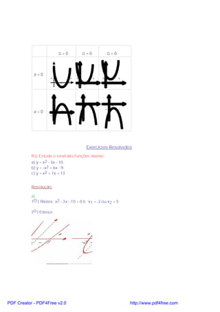 ∆>0             ∆=0           ∆<0



            a>0
                     +          + +             +   +           +
                          _                                 +




                                      _         _           _
                                                        _       _
            a<0            +
                     _          _




                                           Exercícios Resolvidos

           R1) Estude o sinal das funções abaixo:
           a) y = x2 - 3x - 10.
           b) y = -x2 + 6x - 9
           c) y = x2 + 7x + 13


           Resolução:

           a)
           1O.) Raízes: x2 - 3x - 10 = 0 ⇒ x1 = -2 ou x2 = 5

           2O.) Esboço:




PDF Creator - PDF4Free v2.0                                         http://www.pdf4free.com
 