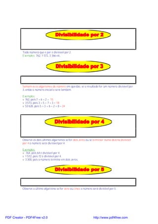Todo número que é par é divisível por 2.
           Exemplos: 762, 1 572, 3 366 etc.




           Somam-se os algarismos do número em questão, se o resultado for um número divisível por
           3, então o número inicial o será também.

           Exemplos:
           v 762, pois 7 + 6 + 2 = 15
           v 3 573, pois 3 + 5 + 7 + 3 = 18
           v 53 628, pois 5 + 3 + 6 + 2 + 8 = 24




           Observe os dois últimos algarismos se for dois zeros ou se terminar numa dezena divisível
           por 4 o número será divisível por 4.

           Exemplos:
           v 764, pois 64 é divisível por 4.
           v 1 572, pois 72 é divisível por 4.
           v 3 300, pois o número termina em dois zeros.




           Observe o último algarismo se for zero ou cinco o número será divisível por 5.




PDF Creator - PDF4Free v2.0                                          http://www.pdf4free.com
 