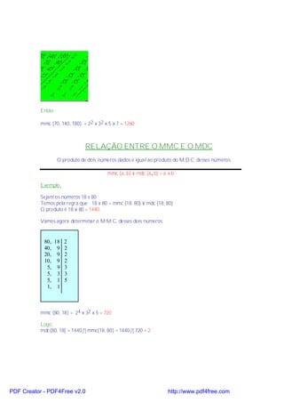 Então:

           mmc (70, 140, 180) = 22 x 32 x 5 x 7 = 1260



                                RELAÇÃO ENTRE O MMC E O MDC
                    O produto de dois números dados é igual ao produto do M.D.C. desses números.

                                          mmc (a, b) × mdc (a,b) = a x b

           Exemplo:

           Sejam os números 18 e 80
           Temos pela regra que: 18 x 80 = mmc (18, 80) × mdc (18, 80)
           O produto é 18 × 80 = 1440.

           Vamos agora determinar o M.M.C. desses dois números.



            80, 18 2
            40, 9 2
            20, 9 2
            10, 9 2
             5, 9 3
             5, 3 3
             5, 1 5
             1, 1



           mmc (80, 18) = 24 x 32 x 5 = 720

           Logo:
           mdc(80, 18) = 1440 ÷ mmc(18, 80) = 1440 ÷ 720 = 2




PDF Creator - PDF4Free v2.0                                          http://www.pdf4free.com
 