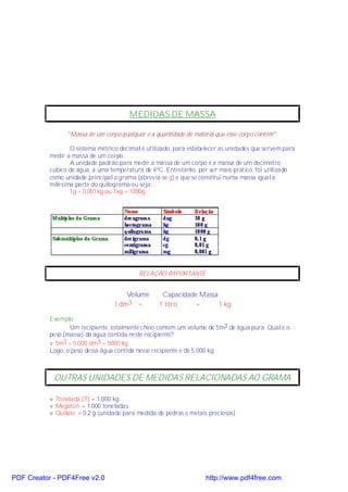 MEDIDAS DE MASSA

                 "Massa de um corpo qualquer é a quantidade de matéria que esse corpo contém".

                  O sistema métrico decimal é utilizado, para estabelecer as unidades que servem para
           medir a massa de um corpo.
                  A unidade padrão para medir a massa de um corpo é a massa de um decímetro
           cúbico de água, a uma temperatura de 4ºC. Entretanto, por ser mais prático, foi utilizado
           como unidade principal o grama (abrevia-se g) e que se constitui numa massa igual a
           milésima parte do quilograma ou seja,
                  1g = 0,001kg ou 1kg = 1000g.




                                           RELAÇÃO IMPORTANTE


                                      Volume        Capacidade Massa
                                  1 dm3 =          1 litro    =      1 kg

           Exemplo:
                  Um recipiente, totalmente cheio contém um volume de 5m3 de água pura. Qual é o
           peso (massa) da água contida neste recipiente?
           v 5m3 = 5.000 dm3 = 5000 kg
           Logo, o peso dessa água contida nesse recipiente é de 5.000 kg



            OUTRAS UNIDADES DE MEDIDAS RELACIONADAS AO GRAMA

           v Tonelada (T) = 1.000 kg
           v Megaton = 1.000 toneladas
           v Quilate = 0,2 g (unidade para medida de pedras e metais preciosos)




PDF Creator - PDF4Free v2.0                                         http://www.pdf4free.com
 