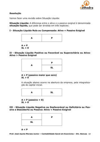 Resolução

Vamos fazer uma revisão sobre Situação Líquida:

Situação Líquida: A diferença entre o ativo e o passivo exigível é denominada
situação líquida, que pode ser dividida em três espécies:

I - Situação Líquida Nula ou Compensada: Ativo = Passivo Exigível


                      A                   P


            A=P
            SL = 0

II - Situação Líquida Positiva ou Favorável ou Superavitária ou Ativa:
Ativo > Passivo Exigível


                                          P
                      A
                                          SL


            A > P (passivo maior que zero)
            SL > 0

            A situação abaixo ocorre na abertura da empresa, pela integraliza-
            ção do capital inicial.


                      A                   SL


            A > P (passivo = 0)
            SL > 0

III - Situação Líquida Negativa ou Desfavorável ou Deficitária ou Pas-
sivo a Descoberto ou Passiva: Ativo < Passivo Exigível


                      A                   P

                     SL


            A<P

Prof. José Jayme Moraes Junior – Contabilidade Geral em Exercícios – Div. Bancas   13
 