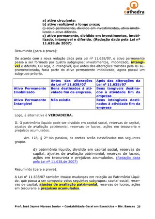 a) ativo circulante;
                  b) ativo realizável a longo prazo;
                  c) ativo permanente, dividido em investimentos, ativo imobi-
                  lizado e ativo diferido.
                  c) ativo permanente, dividido em investimentos, imobi-
                  lizado, intangível e diferido. (Redação dada pela Lei nº
                  11.638,de 2007)

Resumindo (para a prova):

De acordo com a nova redação dada pela Lei no 11.638/07, o ativo permanente
passa a ser formado por quatro subgrupos: investimentos, imobilizado, intangí-
vel e diferido. Ou seja, o intangível, que antes das alterações trazidas pela lei su-
pramencionada, fazia parte do ativo permanente imobilizado, agora possui um
subgrupo próprio.

                        Antes das alterações          Após das alterações da
                        da Lei no 11.638/07           Lei no 11.638/07
Ativo Permanente        Bens destinados à ati-        Bens tangíveis destina-
Imobilizado             vidade fim da empresa.        dos à atividade fim da
                                                      empresa
Ativo Permanente        Não existia                   Bens intangíveis desti-
Intangível                                            nados à atividade fim da
                                                      empresa

Logo, a alternativa é VERDADEIRA.

II. O patrimônio líquido pode ser dividido em capital social, reservas de capital,
ajustes de avaliação patrimonial, reservas de lucros, ações em tesouraria e
prejuízos acumulados.

     Art. 178, § 2º No passivo, as contas serão classificadas nos seguintes
grupos

            d) patrimônio líquido, dividido em capital social, reservas de
            capital, ajustes de avaliação patrimonial, reservas de lucros,
            ações em tesouraria e prejuízos acumulados. (Redação dada
            pela Lei nº 11.638,de 2007)

Resumindo (para a prova):

A Lei no 11.638/07 também trouxe mudanças em relação ao Patrimônio Líqui-
do, que passa a ser composto pelos seguintes subgrupos: capital social, reser-
vas de capital, ajustes de avaliação patrimonial, reservas de lucros, ações
em tesouraria e prejuízos acumulados.




Prof. José Jayme Moraes Junior – Contabilidade Geral em Exercícios – Div. Bancas   20
 