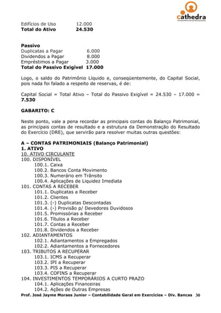 Edifícios de Uso         12.000
Total do Ativo           24.530


Passivo
Duplicatas a Pagar            6.000
Dividendos a Pagar            8.000
Empréstimos a Pagar           3.000
Total do Passivo Exigível     17.000

Logo, o saldo do Patrimônio Líquido e, conseqüentemente, do Capital Social,
pois nada foi falado a respeito de reservas, é de:

Capital Social = Total Ativo – Total do Passivo Exigível = 24.530 – 17.000 =
7.530

GABARITO: C

Neste ponto, vale a pena recordar as principais contas do Balanço Patrimonial,
as principais contas de resultado e a estrutura da Demonstração do Resultado
do Exercício (DRE), que servirão para resolver muitas outras questões:

A – CONTAS PATRIMONIAIS (Balanço Patrimonial)
1. ATIVO
10. ATIVO CIRCULANTE
100. DISPONÍVEL
      100.1. Caixa
      100.2. Bancos Conta Movimento
      100.3. Numerário em Trânsito
      100.4. Aplicações de Liquidez Imediata
101. CONTAS A RECEBER
      101.1. Duplicatas a Receber
      101.2. Clientes
      101.3. (-) Duplicatas Descontadas
      101.4. (-) Provisão p/ Devedores Duvidosos
      101.5. Promissórias a Receber
      101.6. Títulos a Receber
      101.7. Contas a Receber
      101.8. Dividendos a Receber
102. ADIANTAMENTOS
      102.1. Adiantamentos a Empregados
      102.2. Adiantamentos a Fornecedores
103. TRIBUTOS A RECUPERAR
      103.1. ICMS a Recuperar
      103.2. IPI a Recuperar
      103.3. PIS a Recuperar
      103.4. COFINS a Recuperar
104. INVESTIMENTOS TEMPORÁRIOS A CURTO PRAZO
      104.1. Aplicações Financeiras
      104.2. Ações de Outras Empresas
Prof. José Jayme Moraes Junior – Contabilidade Geral em Exercícios – Div. Bancas   30
 