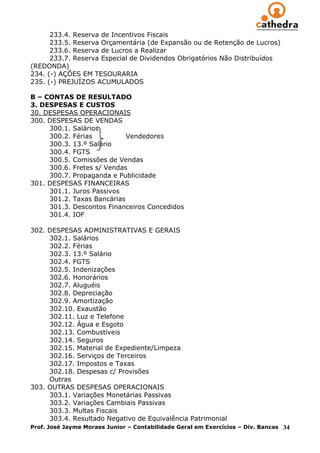 233.4. Reserva de Incentivos Fiscais
      233.5. Reserva Orçamentária (de Expansão ou de Retenção de Lucros)
      233.6. Reserva de Lucros a Realizar
      233.7. Reserva Especial de Dividendos Obrigatórios Não Distribuídos
(REDONDA)
234. (-) AÇÕES EM TESOURARIA
235. (-) PREJUÍZOS ACUMULADOS

B – CONTAS DE RESULTADO
3. DESPESAS E CUSTOS
30. DESPESAS OPERACIONAIS
300. DESPESAS DE VENDAS
     300.1. Salários
     300.2. Férias          Vendedores
     300.3. 13.º Salário
     300.4. FGTS
     300.5. Comissões de Vendas
     300.6. Fretes s/ Vendas
     300.7. Propaganda e Publicidade
301. DESPESAS FINANCEIRAS
     301.1. Juros Passivos
     301.2. Taxas Bancárias
     301.3. Descontos Financeiros Concedidos
     301.4. IOF

302. DESPESAS ADMINISTRATIVAS E GERAIS
     302.1. Salários
     302.2. Férias
     302.3. 13.º Salário
     302.4. FGTS
     302.5. Indenizações
     302.6. Honorários
     302.7. Aluguéis
     302.8. Depreciação
     302.9. Amortização
     302.10. Exaustão
     302.11. Luz e Telefone
     302.12. Água e Esgoto
     302.13. Combustíveis
     302.14. Seguros
     302.15. Material de Expediente/Limpeza
     302.16. Serviços de Terceiros
     302.17. Impostos e Taxas
     302.18. Despesas c/ Provisões
     Outras
303. OUTRAS DESPESAS OPERACIONAIS
     303.1. Variações Monetárias Passivas
     303.2. Variações Cambiais Passivas
     303.3. Multas Fiscais
     303.4. Resultado Negativo de Equivalência Patrimonial
Prof. José Jayme Moraes Junior – Contabilidade Geral em Exercícios – Div. Bancas   34
 